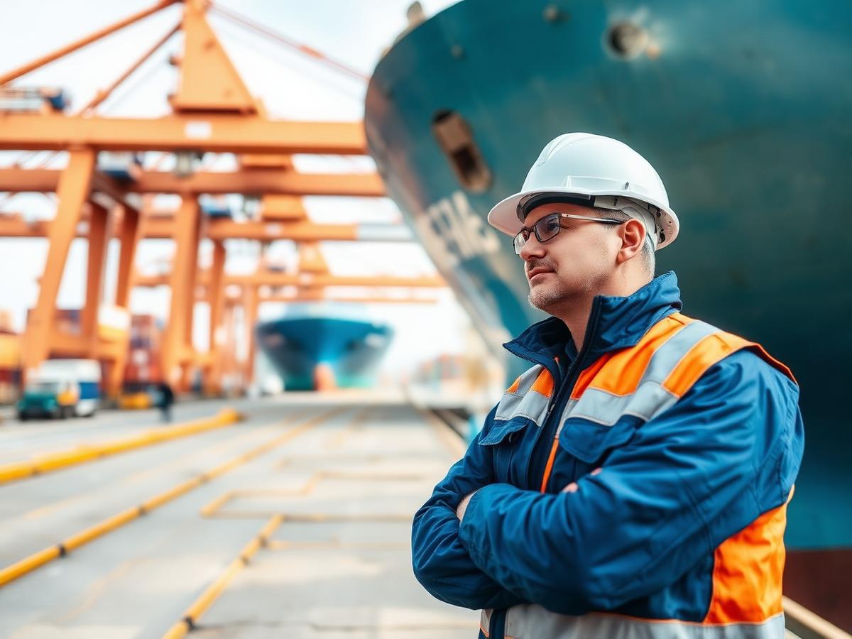 Marine surveyor at a port terminal beside a bulk carrier