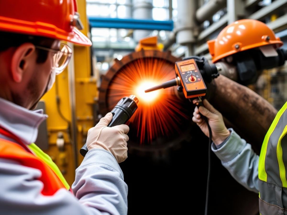 Technicians performing non-destructive testing on industrial equipment