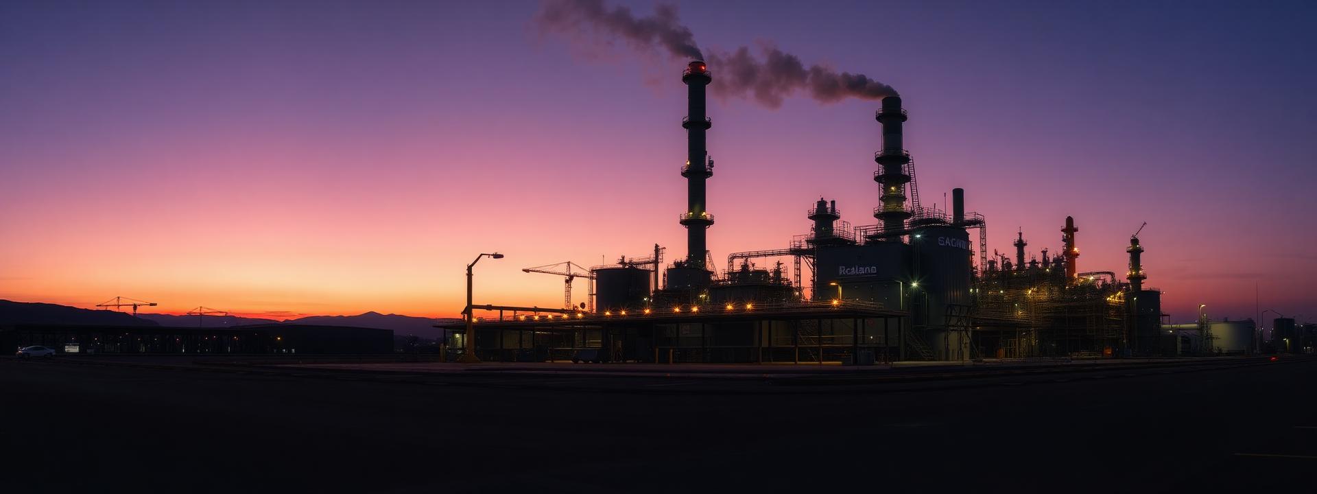 Inspection engineers at an industrial gas processing facility at dusk
