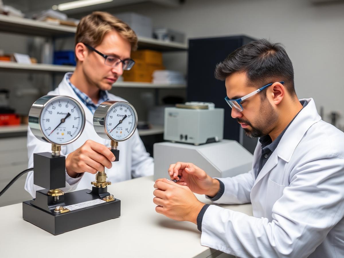 Metrology technician calibrating instruments against reference standards