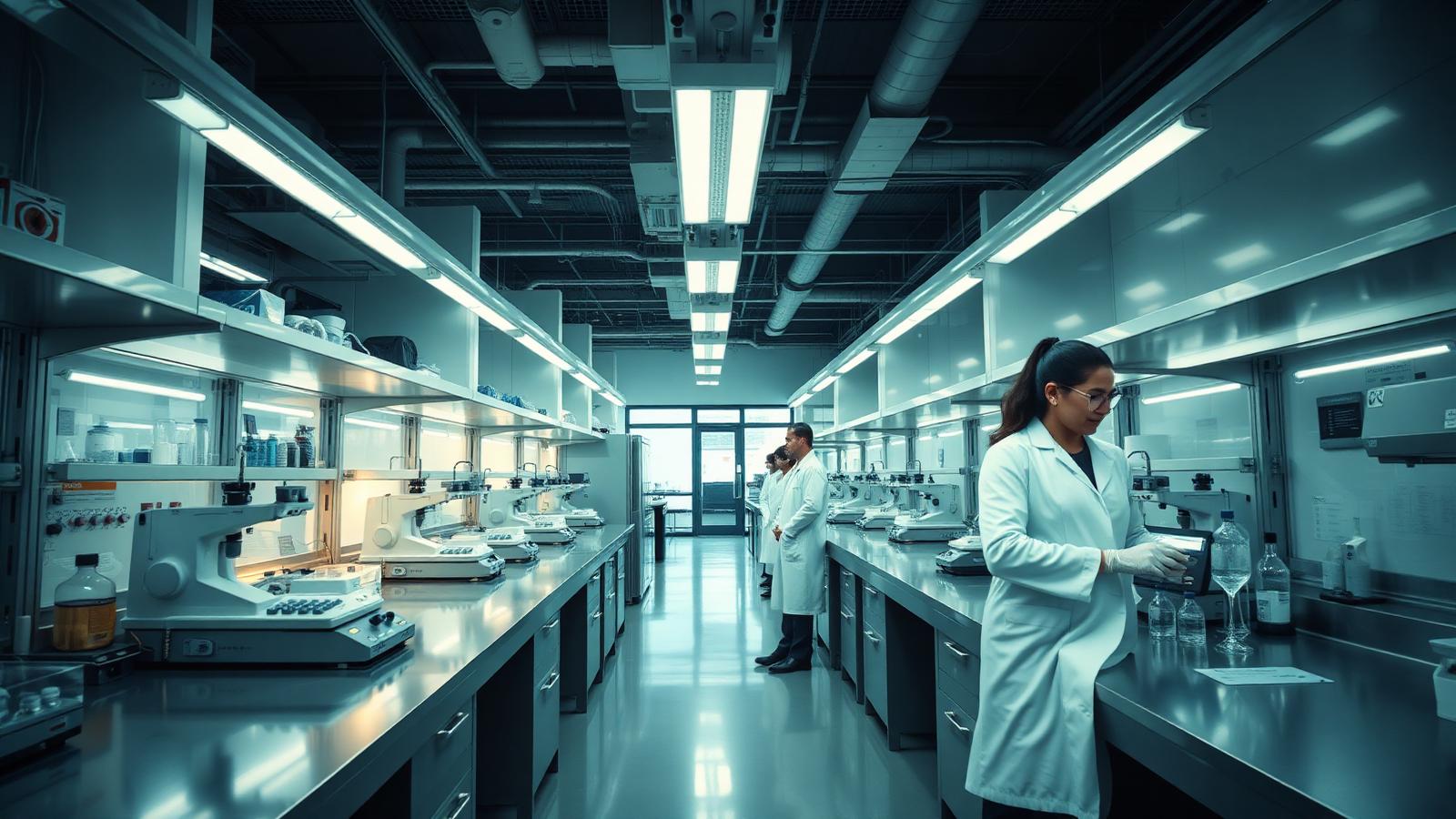 Modern accredited analytical laboratory with scientists operating testing instrumentation