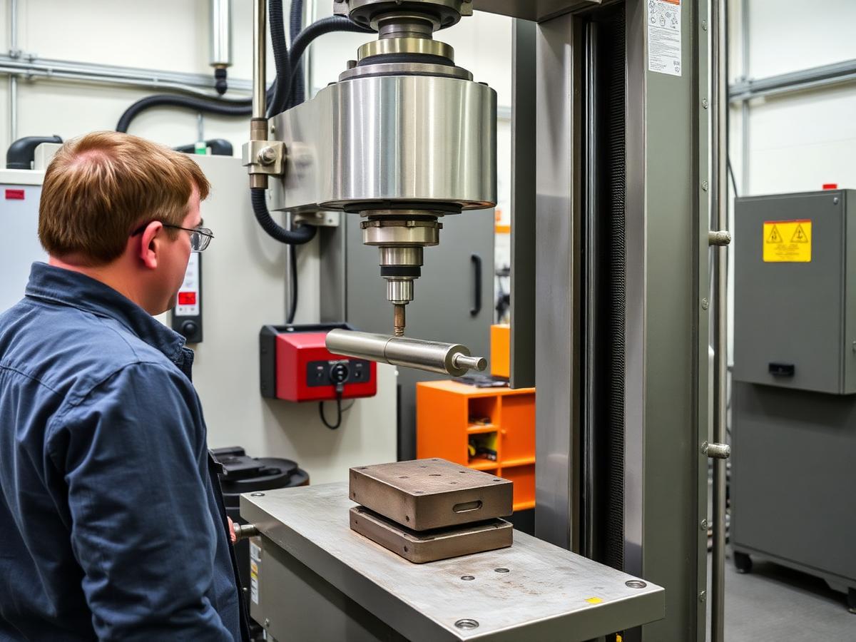 Mechanical testing machine loading a steel specimen