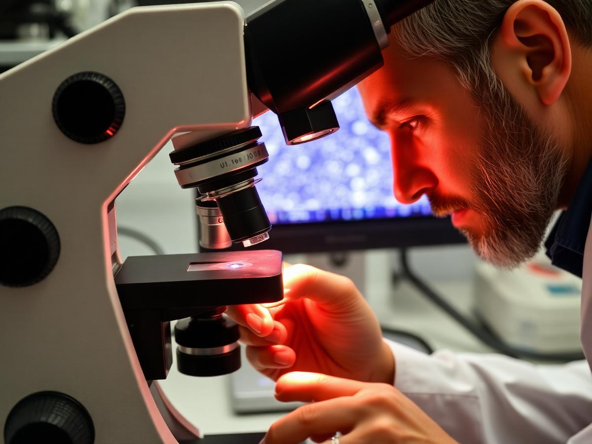 Metallurgist inspecting a specimen under a microscope
