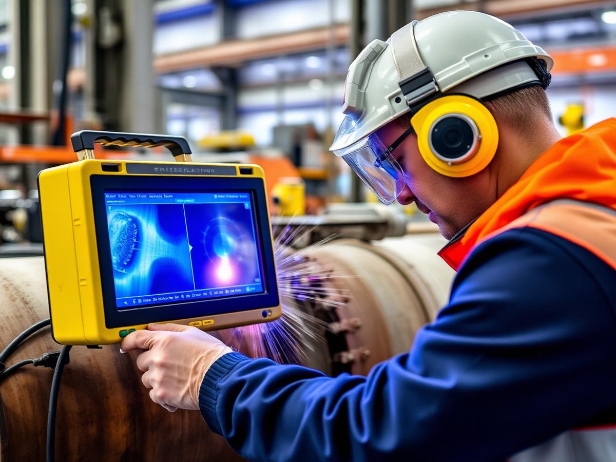 NDT technician performing phased array ultrasonic testing on a weld