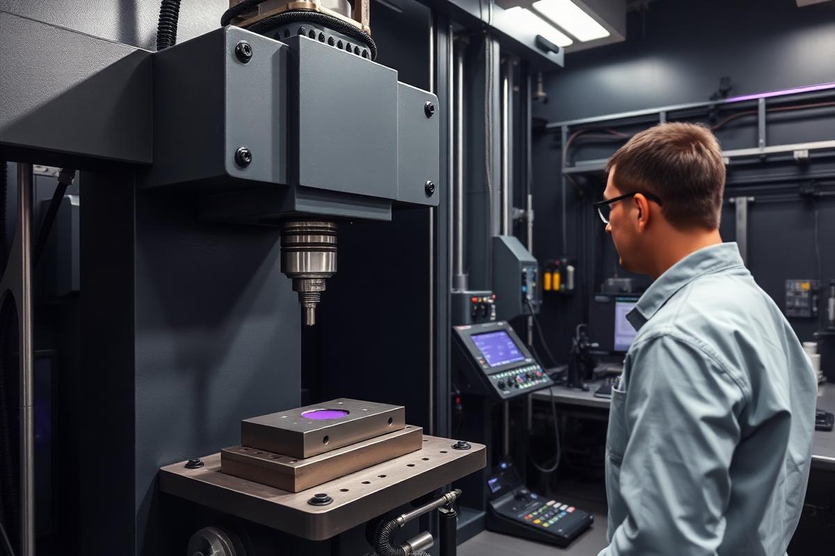 Engineer conducting mechanical testing on a universal testing machine
